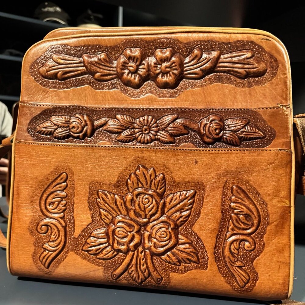Vintage Mexican Tooled Leather Aztec Calendar Bag Western Travel Satchel Brown